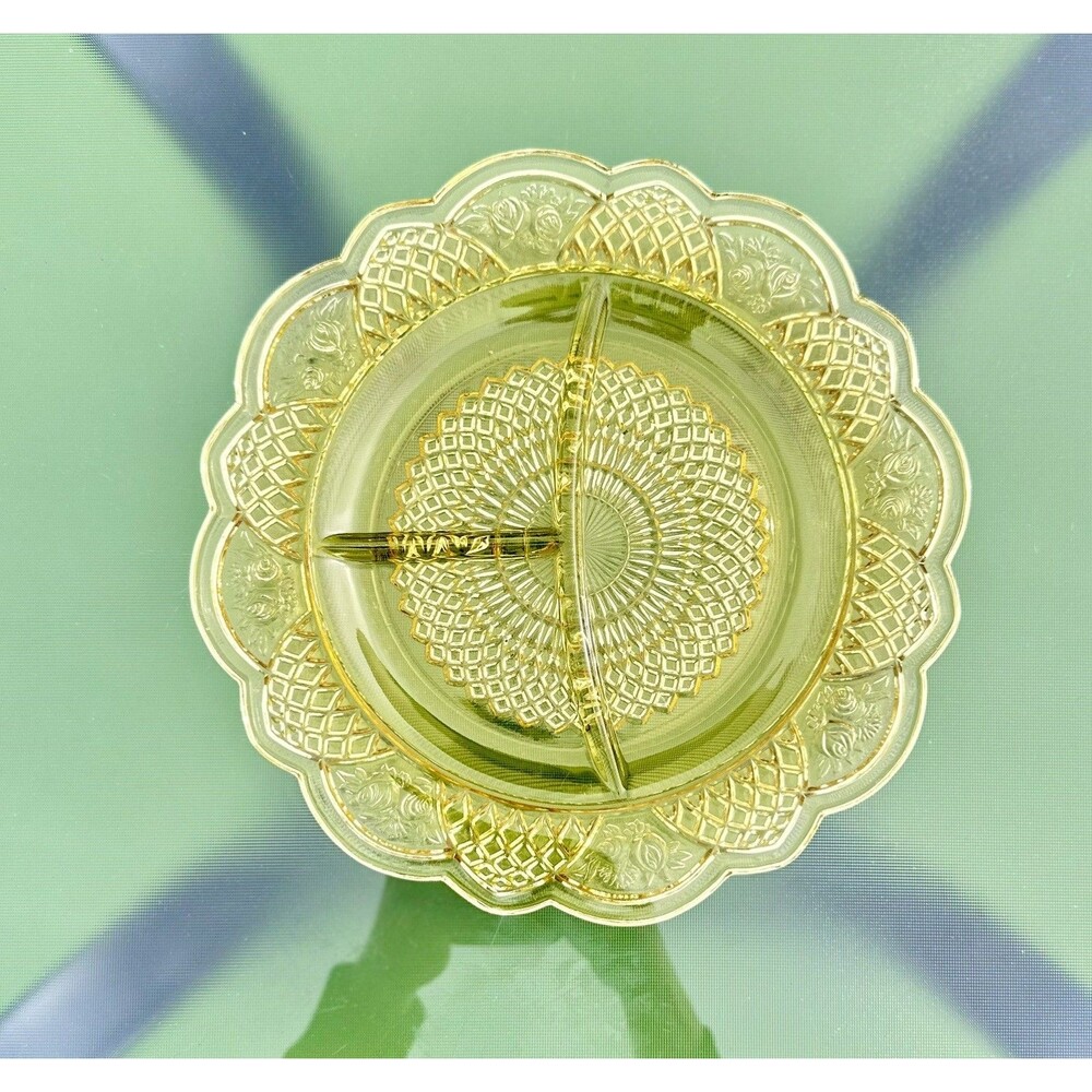 Federal Glass Depression Glass Rosemary Rose Scalloped Divided Plate Mayfair